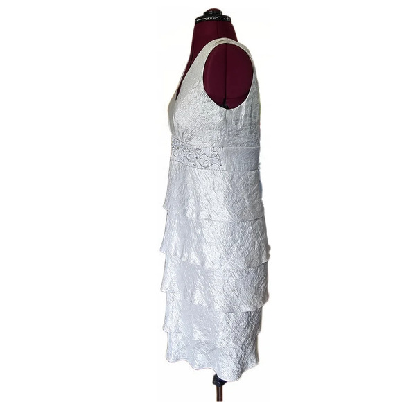 R&M Richards Iridescent Silver Jeweled Beaded Layered V Neck Cocktail Midi Dress - Picture 6 of 16